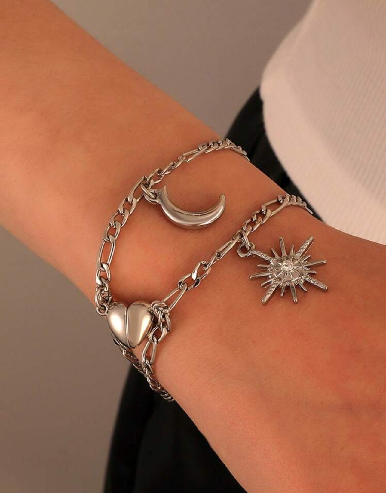 Pulsera magnética para parejas con Sol y Luna plateado 2 piezas