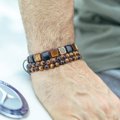 Pulsera Gemcube + Doble Ojo de Tigre Chocolate