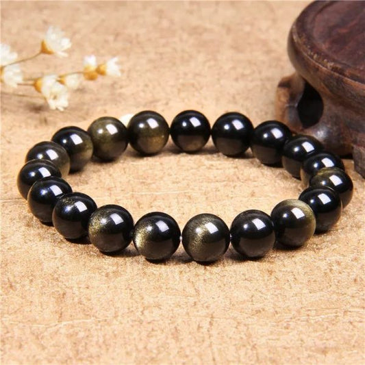 Pulsera Single Stone Obsidiana Dorada