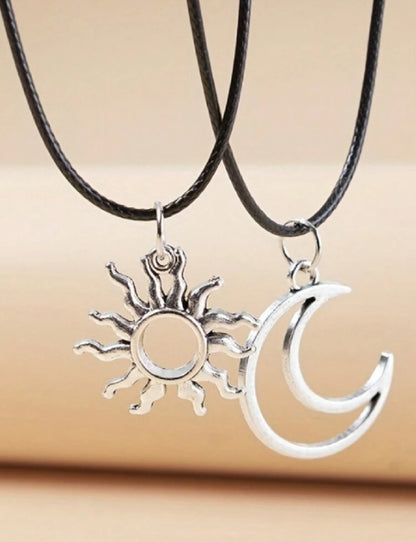 Couple Necklace with Rhinestone Design Ring Pendant 2 Pieces