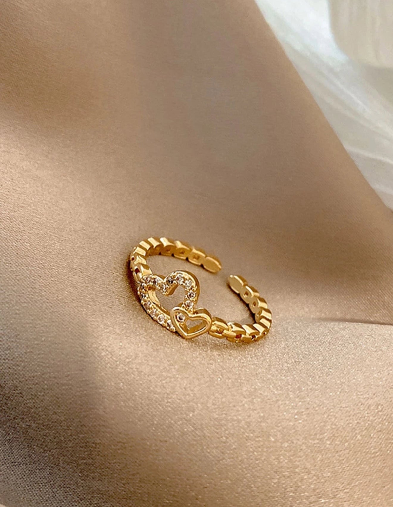 Sortija de dama doble corazón con circonio en acero inoxidable