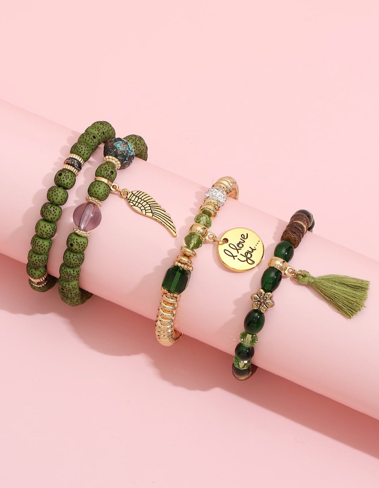 MIA - Set de pulseras Green Day con abalorios y borlas verdes