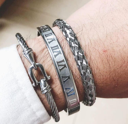 Pulsera y brazalete con diseño de numeros romanos plateado 3 piezas