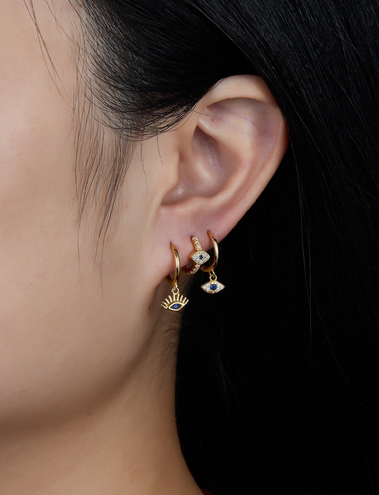 MIA - 3 Piezas de Pendientes Ojo turco con baño de Oro de 14 Kl