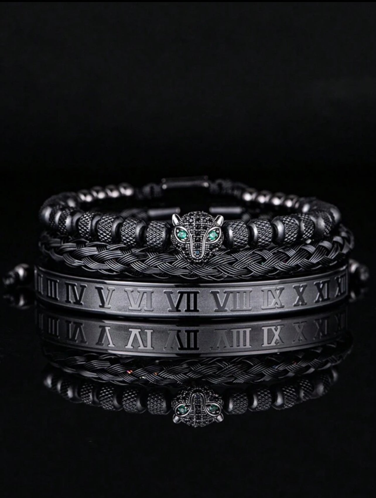 Pulsera con diseño de pantera y numeros romanos 3 piezas en acero inoxidable negro