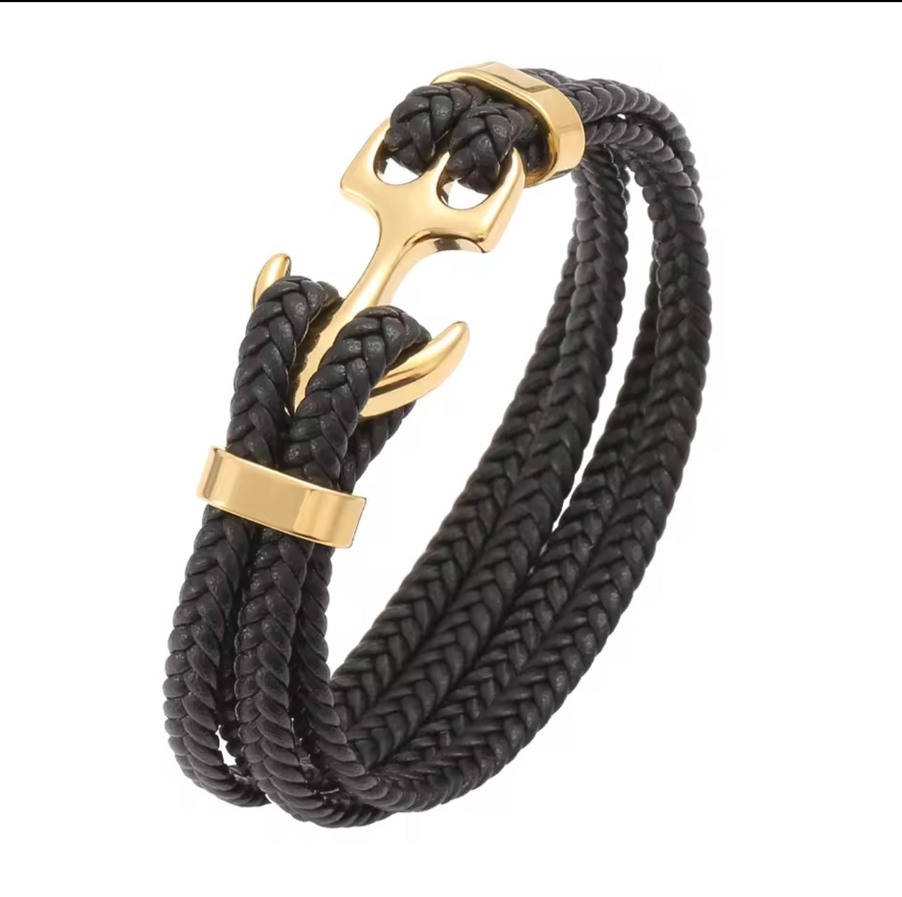 Pulsera trenzada de cuerina con dije de ancla en dorado