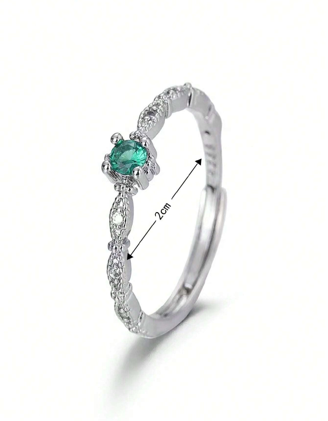 Sortija de dama plateado con circonio y piedra verde en acero inoxidable ajustable