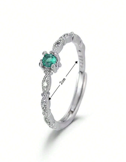 Sortija de dama plateado con circonio y piedra verde en acero inoxidable ajustable