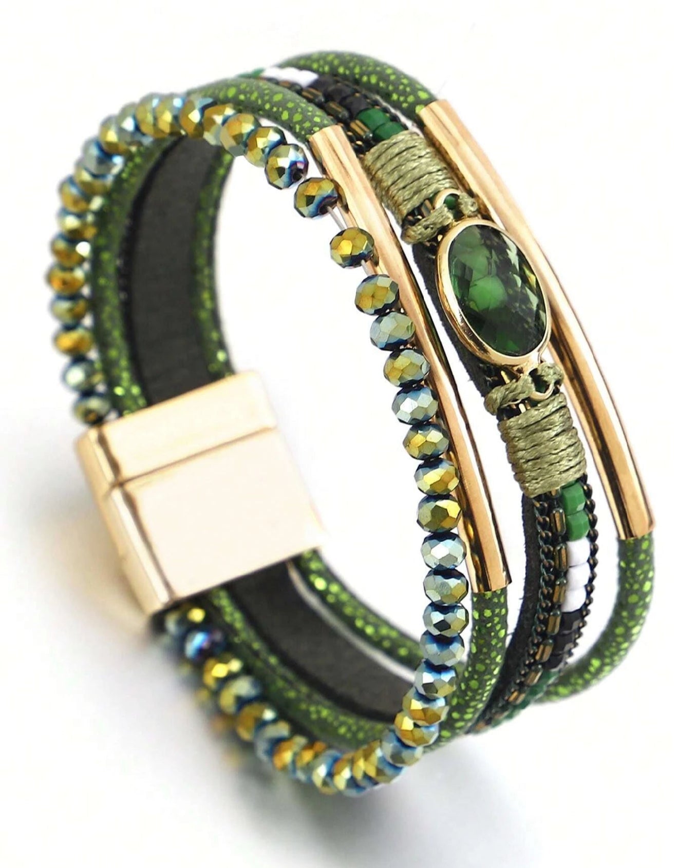 Mia - Brazalete a capas verde con piedra hematita y jade