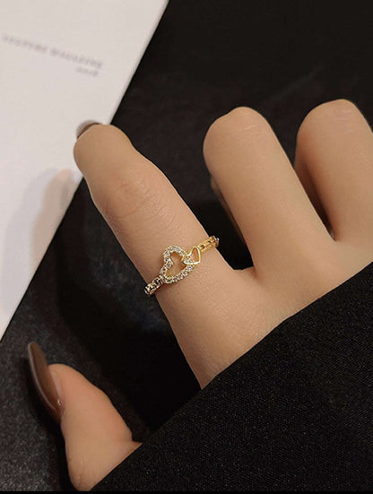 Sortija de dama doble corazón con circonio en acero inoxidable