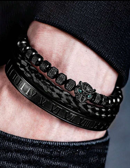 Pulsera con diseño de pantera y numeros romanos 3 piezas en acero inoxidable negro