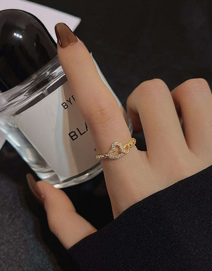 Sortija de dama doble corazón con circonio en acero inoxidable