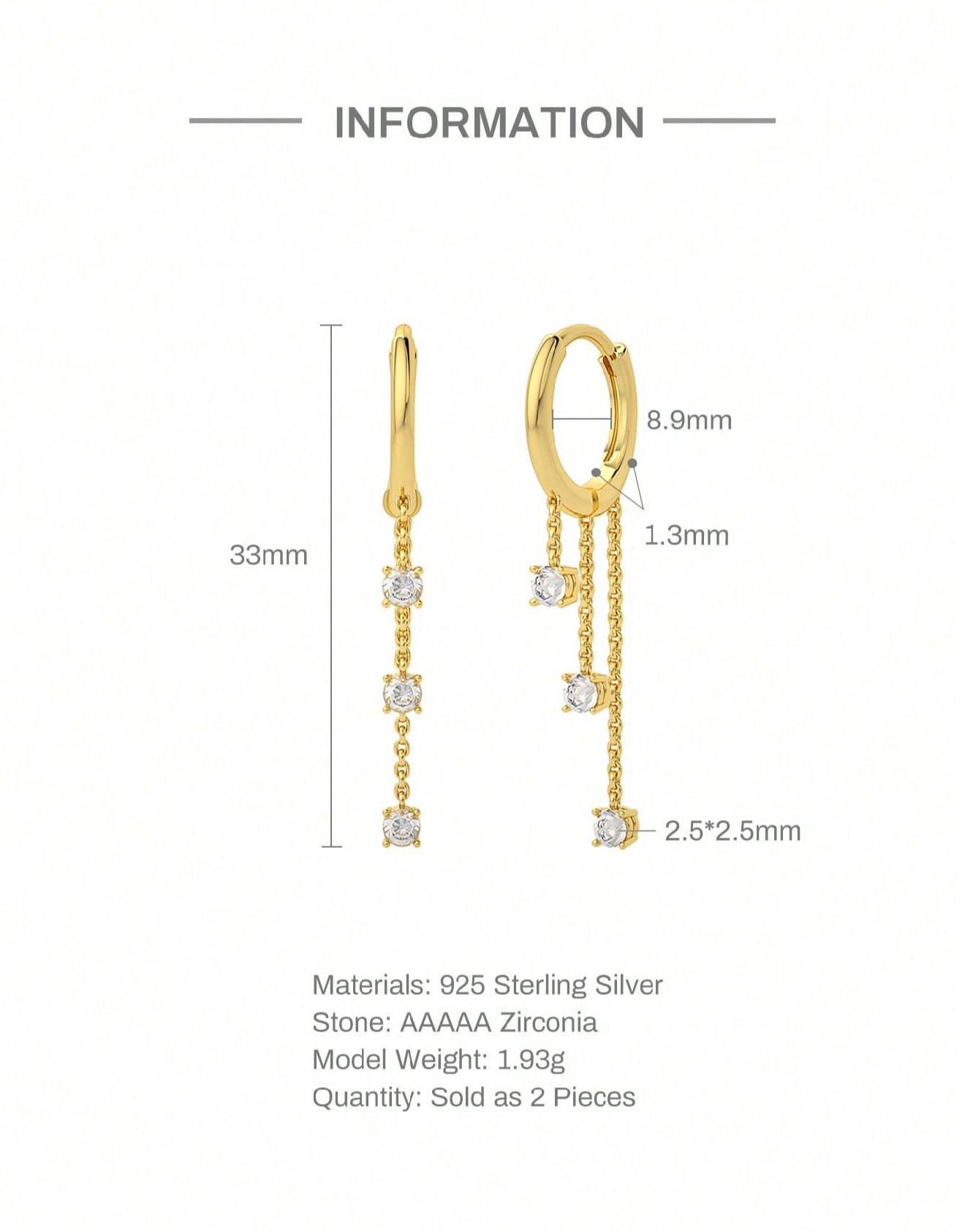 MIA - Pendientes largos en Plata 925 con baño de Oro de 14kl