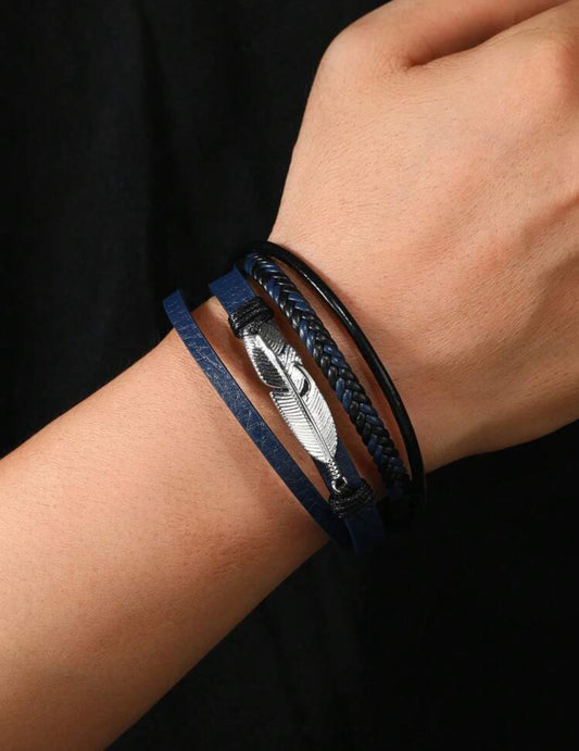 Pulsera azul para Hombres a capas con diseño de hoja Plateado