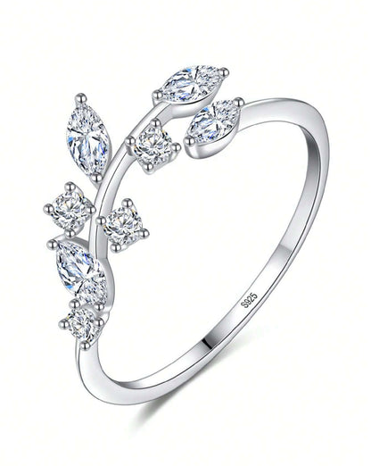 Sortija de dama en plata 925 con hojas y piedras