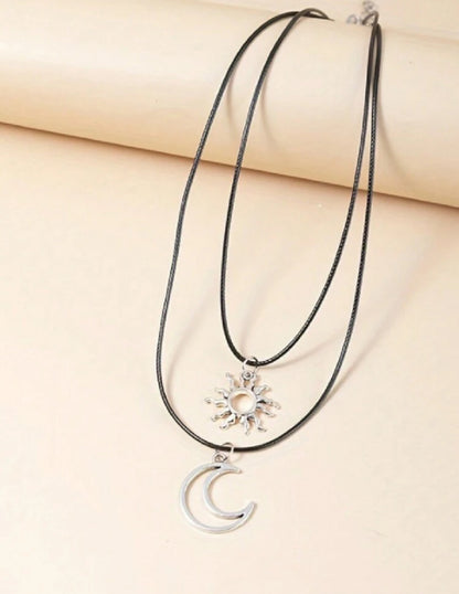 Couple Necklace with Rhinestone Design Ring Pendant 2 Pieces