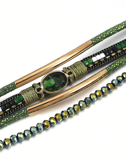 Mia - Brazalete a capas verde con piedra hematita y jade