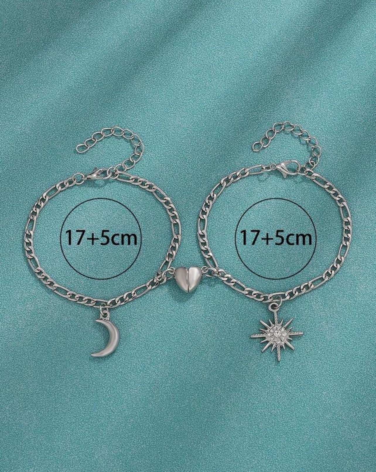 Pulsera magnética para parejas con Sol y Luna plateado 2 piezas