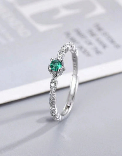 Sortija de dama plateado con circonio y piedra verde en acero inoxidable ajustable