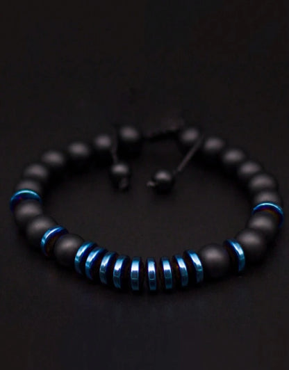 Pulsera Signature Single Ónix Mate y hematita azul ajustable