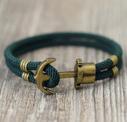 Pulsera minimalista de poliéster verde con ancla