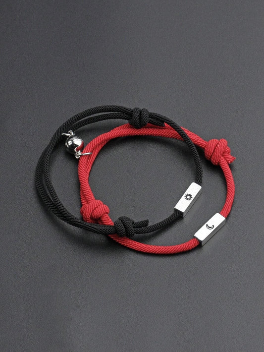 Couples bracelet with moon and sun detail in black and red 2 pieces