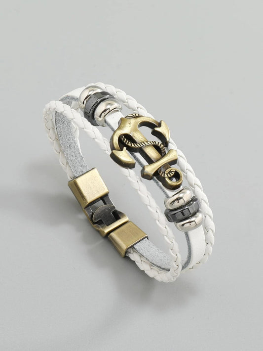 White leatherette layered bracelet with reinforced closure and anchor detail