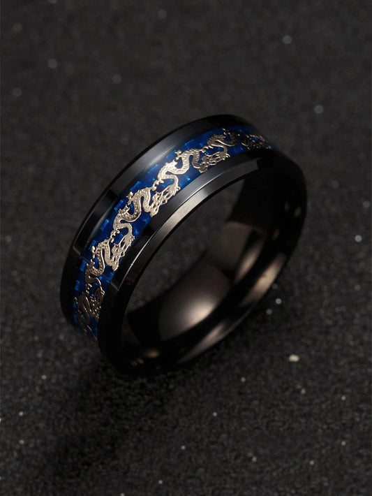 Black and blue ring with dragon detail