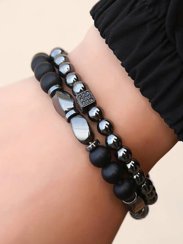 2 Piece Bracelet with Black Stones