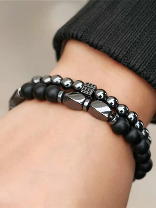 2 Piece Bracelet with Black Stones