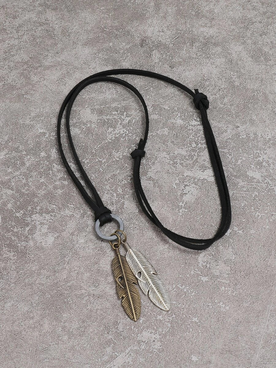 Men's leather necklace with feather detail