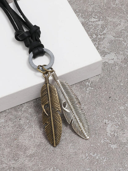 Men's leather necklace with feather detail