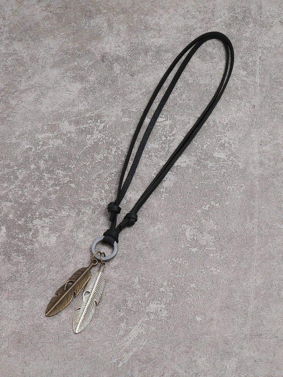Men's leather necklace with feather detail