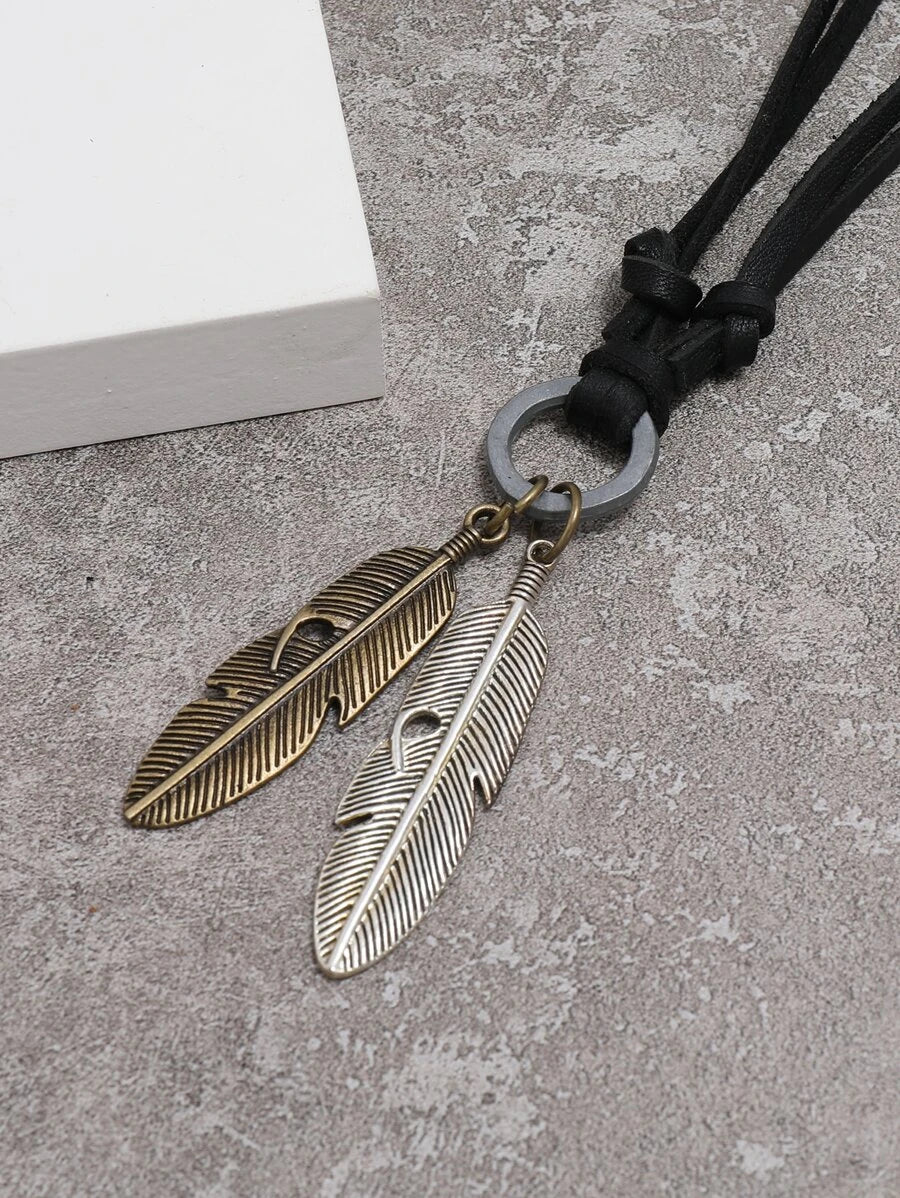 Men's leather necklace with feather detail