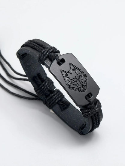 Black bracelet with wolf head detail