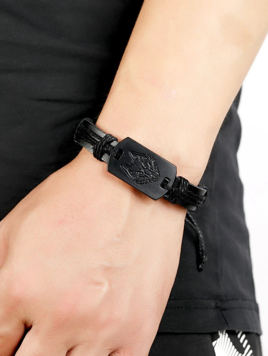 Pulsera negro con detalle cabeza de lobo