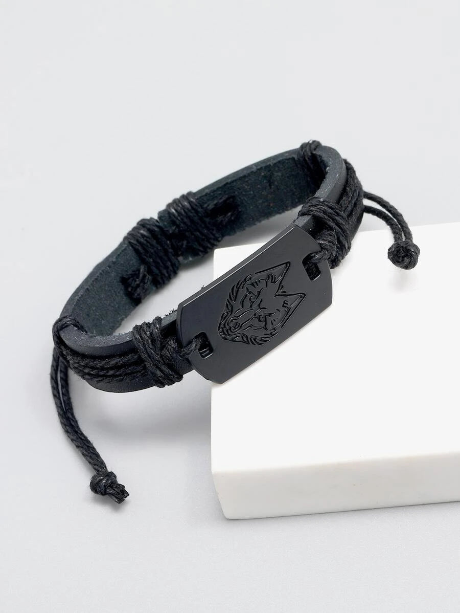 Pulsera negro con detalle cabeza de lobo