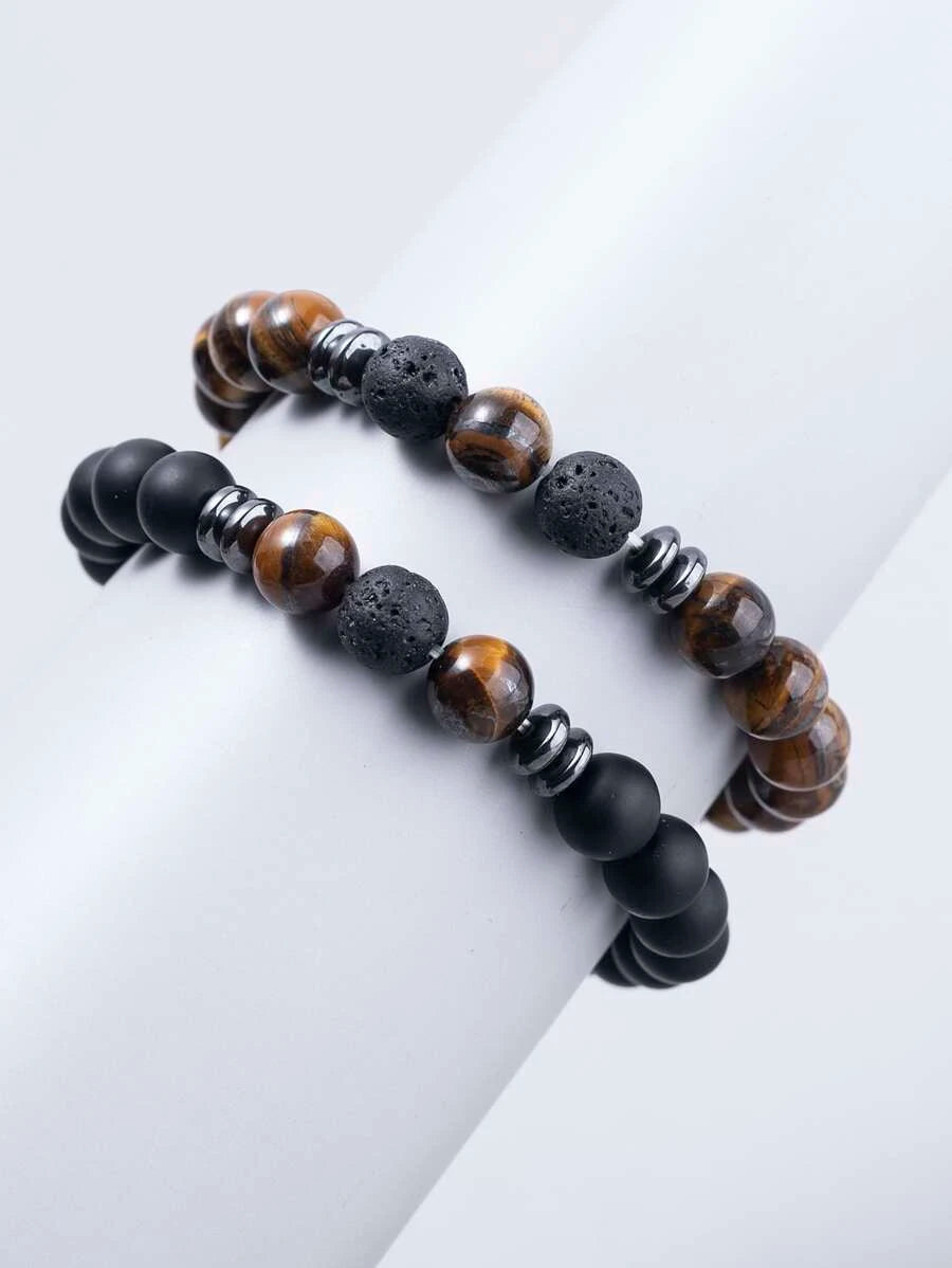 Black and Brown Bracelet in 2 Pieces with Adjustable Stones