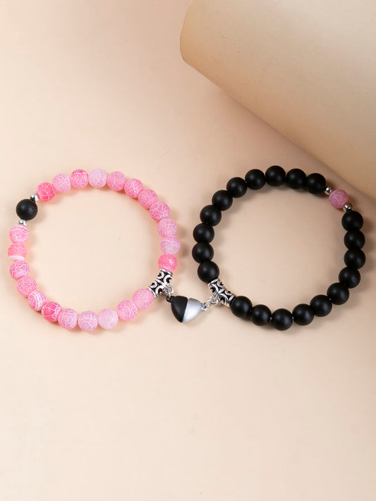 Magnetic Couples Bead Bracelet with Heart Ornament 2 Pieces