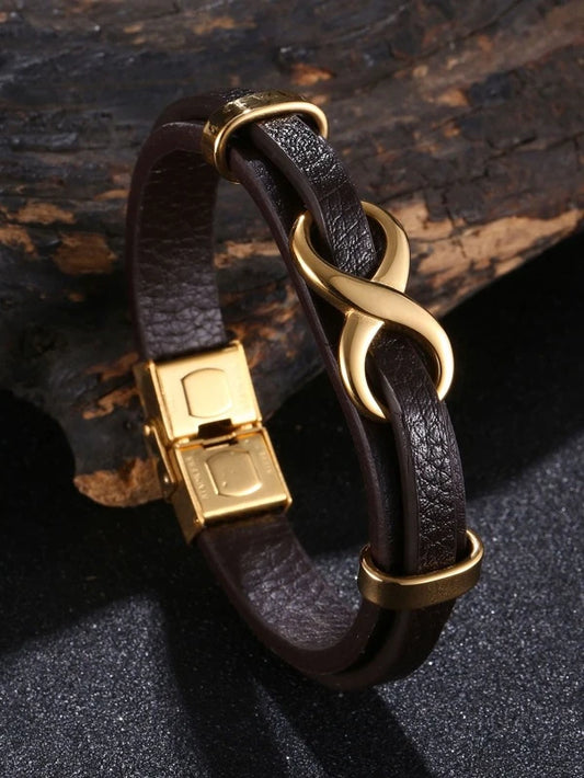 Leather bracelet with gold infinity design