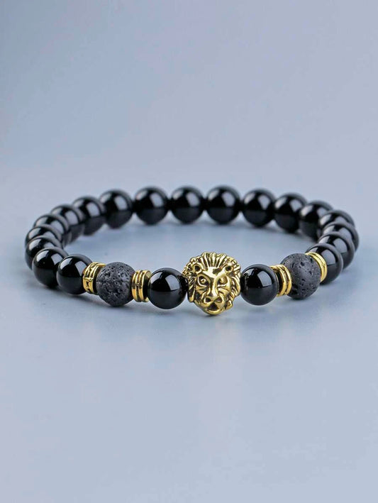 Pulsera con cuenta con adorno de cabeza de león dorado