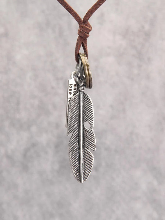 Necklace with rectangle slogan print and brown and silver feather design