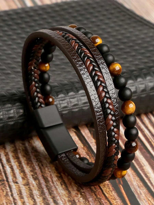 Bracelet with brown braided and bead design