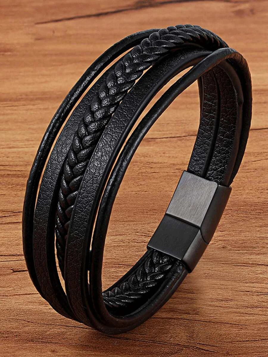 Black Leather Bracelet with Braided Detail