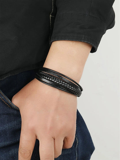 Black Leather Bracelet with Braided Detail