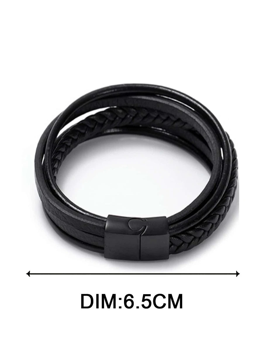 Black Leather Bracelet with Braided Detail