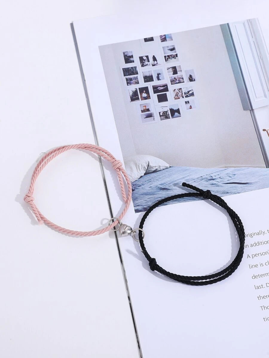 Pulsera para parejas magnético con accesorio de corazón rosado y negro 2 piezas