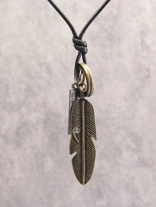 Necklace with rectangle slogan print and bronze feather design