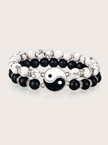 Yin and Yang Design Bead Bracelet 2 Pieces