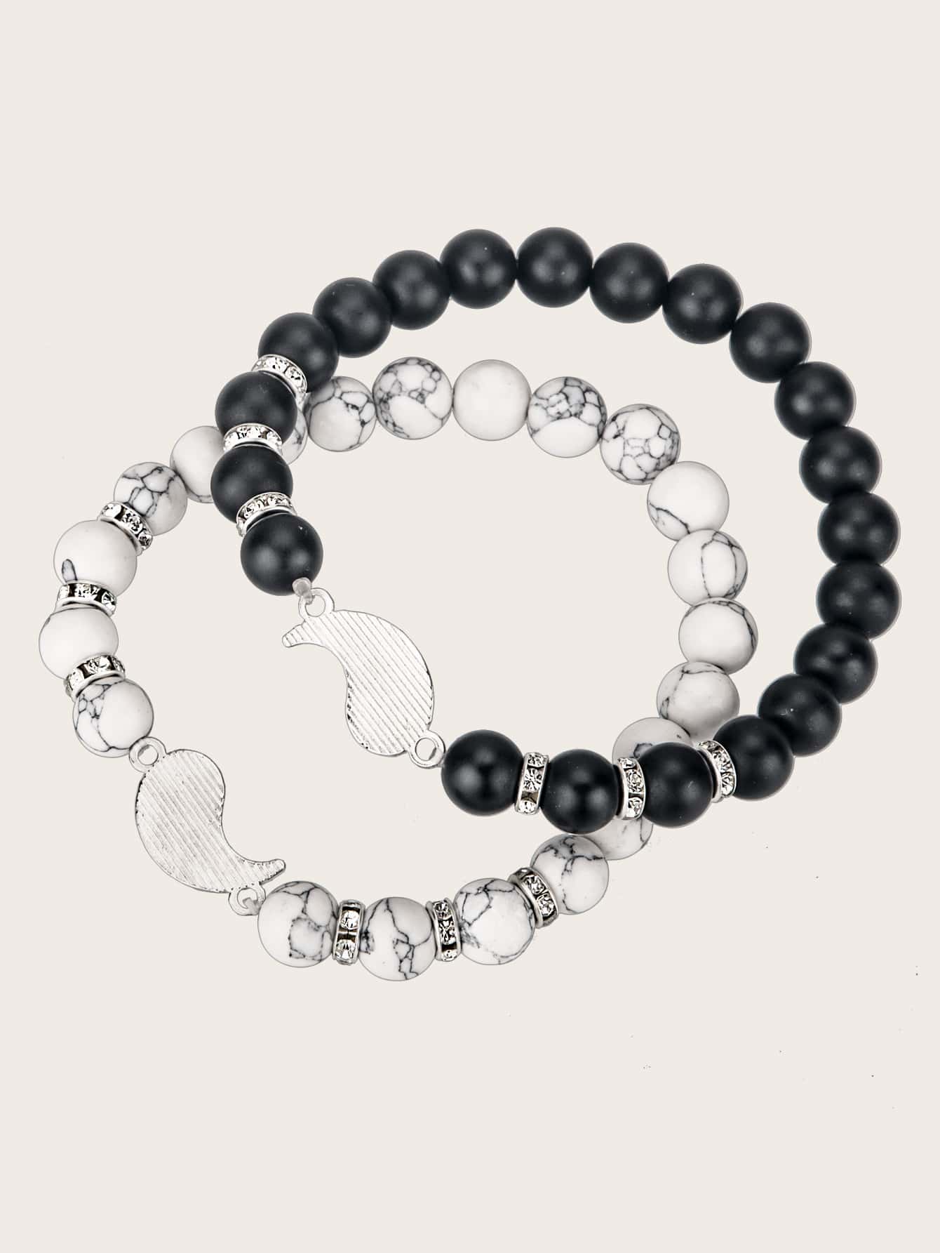 Yin and Yang Design Bead Bracelet 2 Pieces